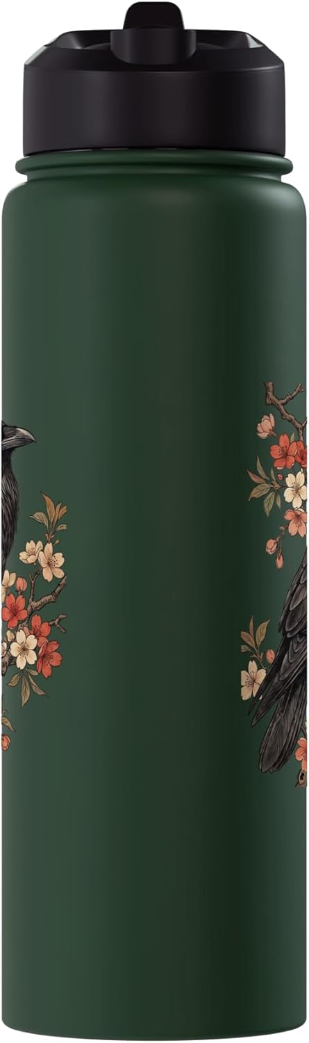 Botella de agua acero inoxidable vintage con flor y cuervo