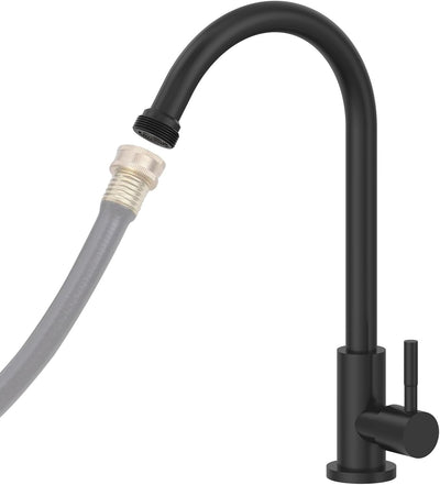 Grifo agua fría acero inox negro mate arco alto adaptador jardín