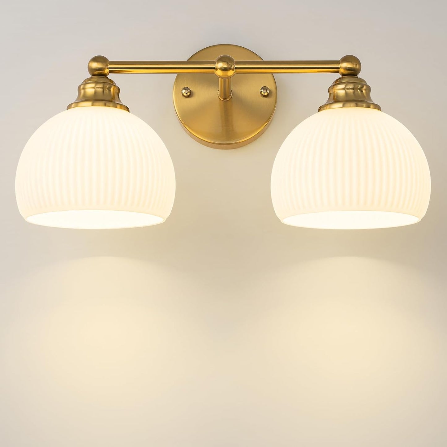 Lámpara baño 2 luces vintage dorado vidrio blanco leche E26