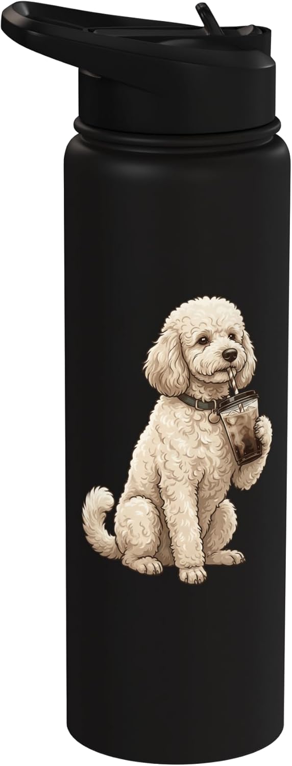 Bebida para perro Poodle amante del café helado acero inoxidable aislada