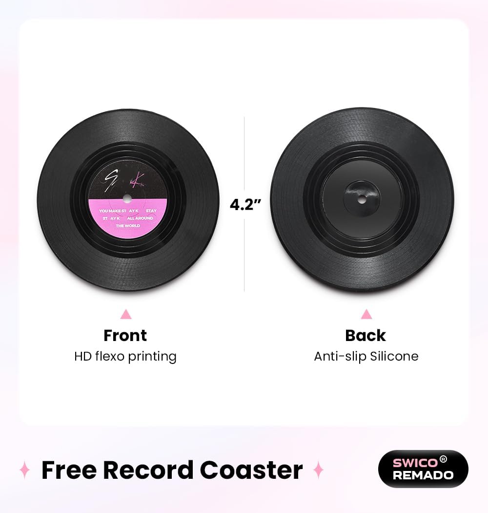 Taza de café Swico con posavasos retro para vinilos, blanco y rosa, 11 oz