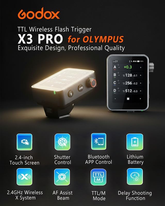 Disparador flash inalámbrico Olympus Bluetooth pantalla táctil