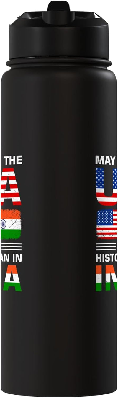 Botella de agua acero inoxidable aislada bandera USA e India