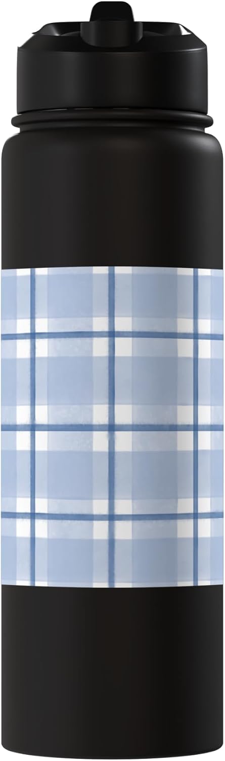Botella de agua estampado gingham azul acero inoxidable aislada