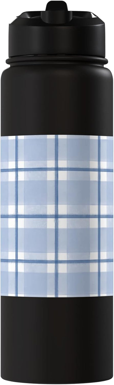 Botella de agua estampado gingham azul acero inoxidable aislada