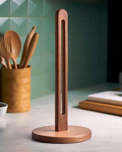 Soporte para toallas de papel de madera acacia, estante elegante para rollo gigante de baño