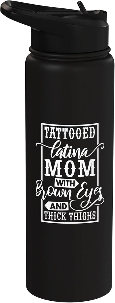 Botella de agua acero inoxidable con tatuajes latina mama ojos marrones piernas gruesas