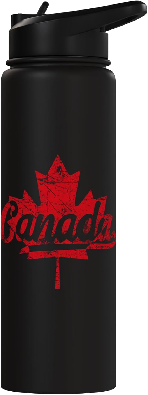 Botella de agua aislada retro con bandera canadiense de acero inoxidable