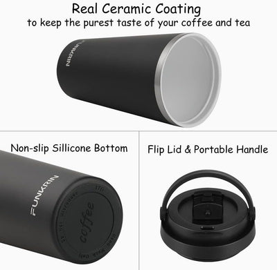 Taza de café aislada Funkrin con revestimiento cerámico 16 oz tapa abatible asa