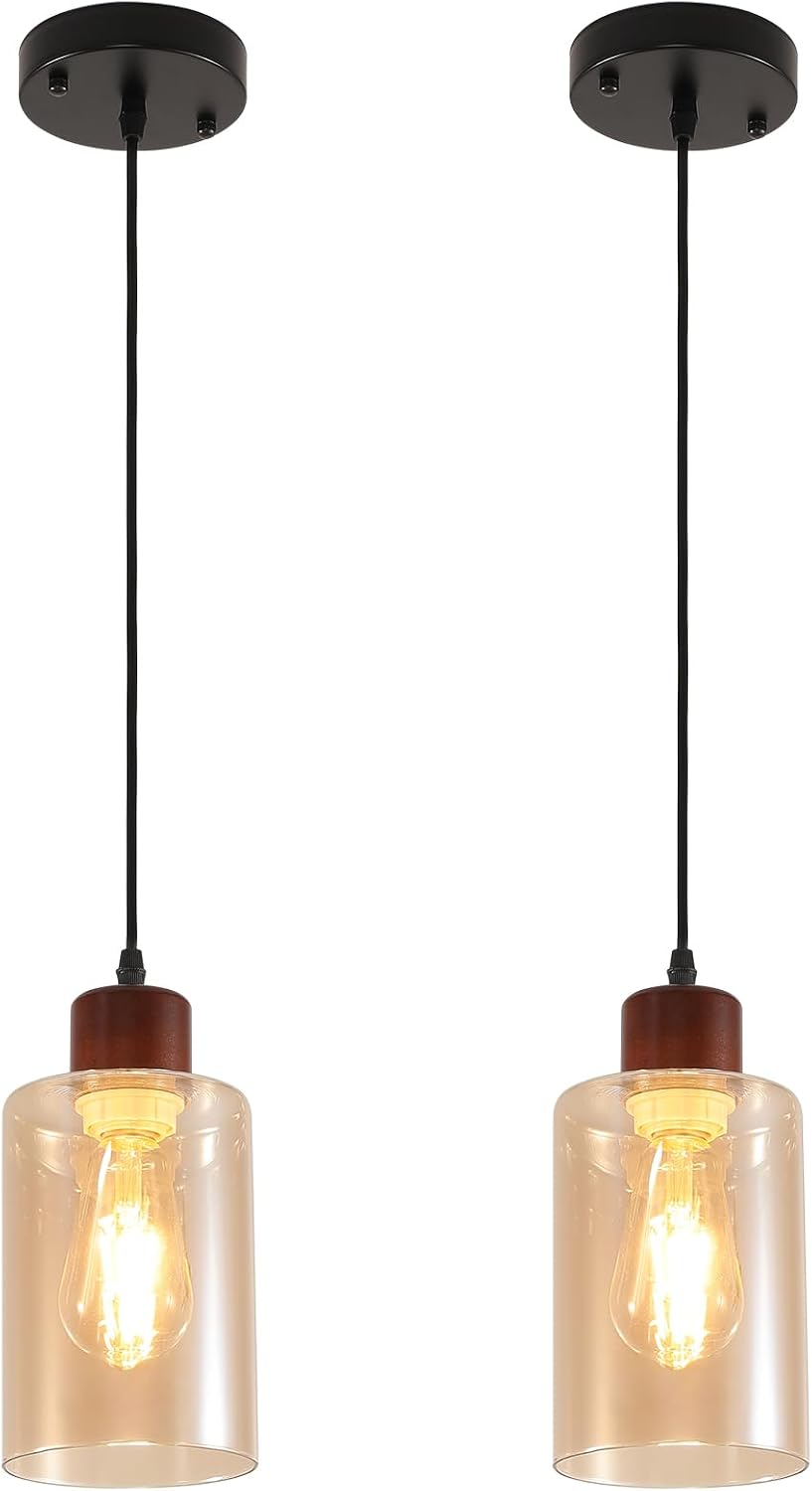 Lámpara colgante madera isla cocina set 2 vidrio ambar