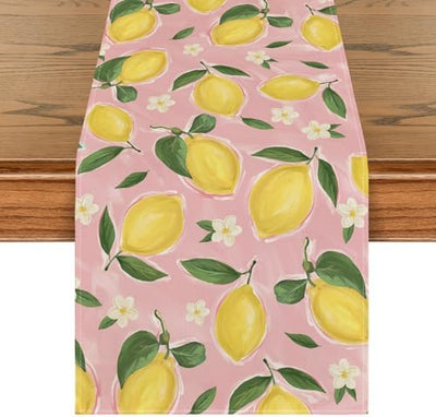 Camino de mesa floral de verano con flores de limón rosa decoración de comedor