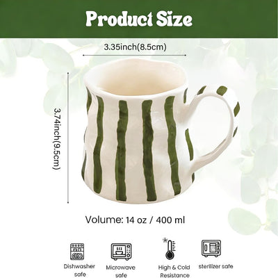Taza de café de cerámica 11 oz, pintada a mano, verde