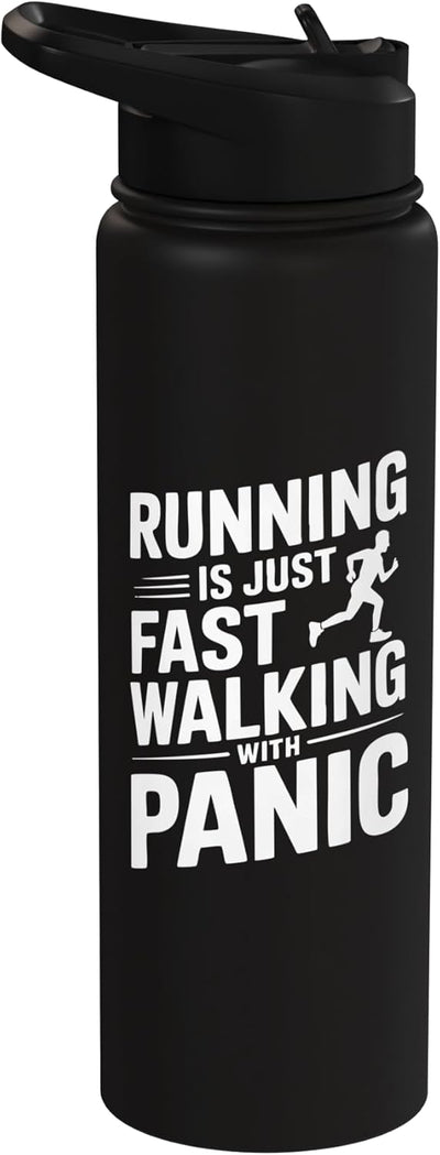 Bottella de agua acero inoxidable aislada diseño Running Fast Walking Panic Runner