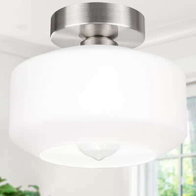 Lámpara techo industrial pantalla vidrio blanco níquel cepillado