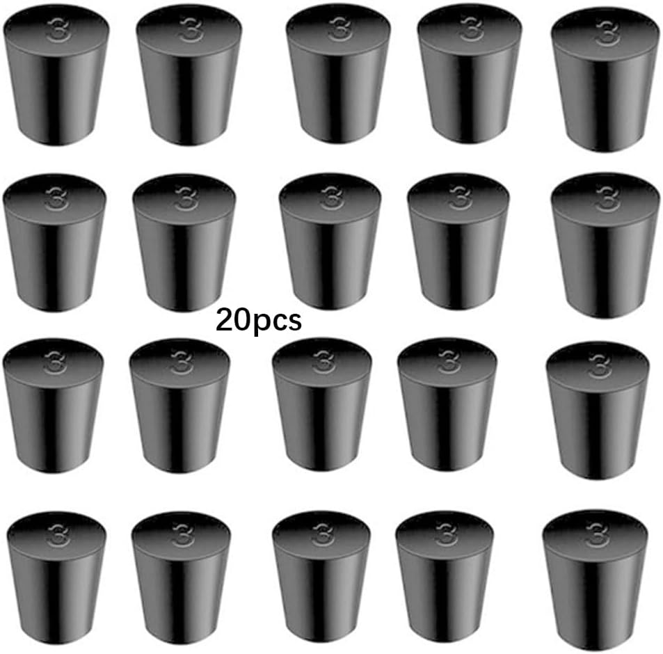 Set 20 Tapones Goma Laboratorio Cónicos Surtidos y Redondos Negros