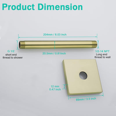 Brazo ducha fijo techo 8pulg conex. universal 1/2 dorado