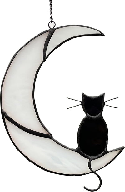 Adorno gato negro luna blanca vitrales ventanas Halloween