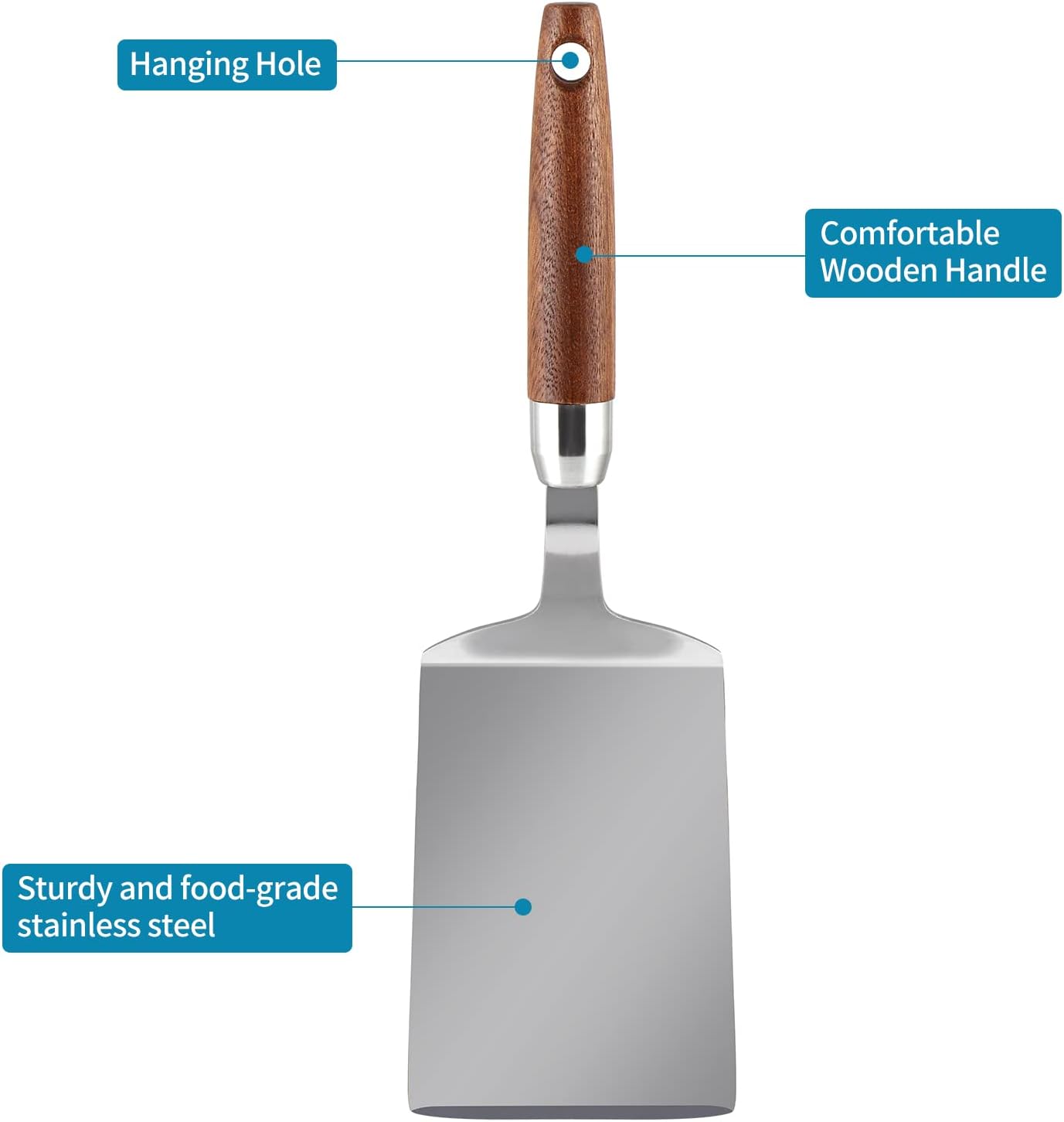 Espátula acero inox mango madera volteador panqueques antiadherente