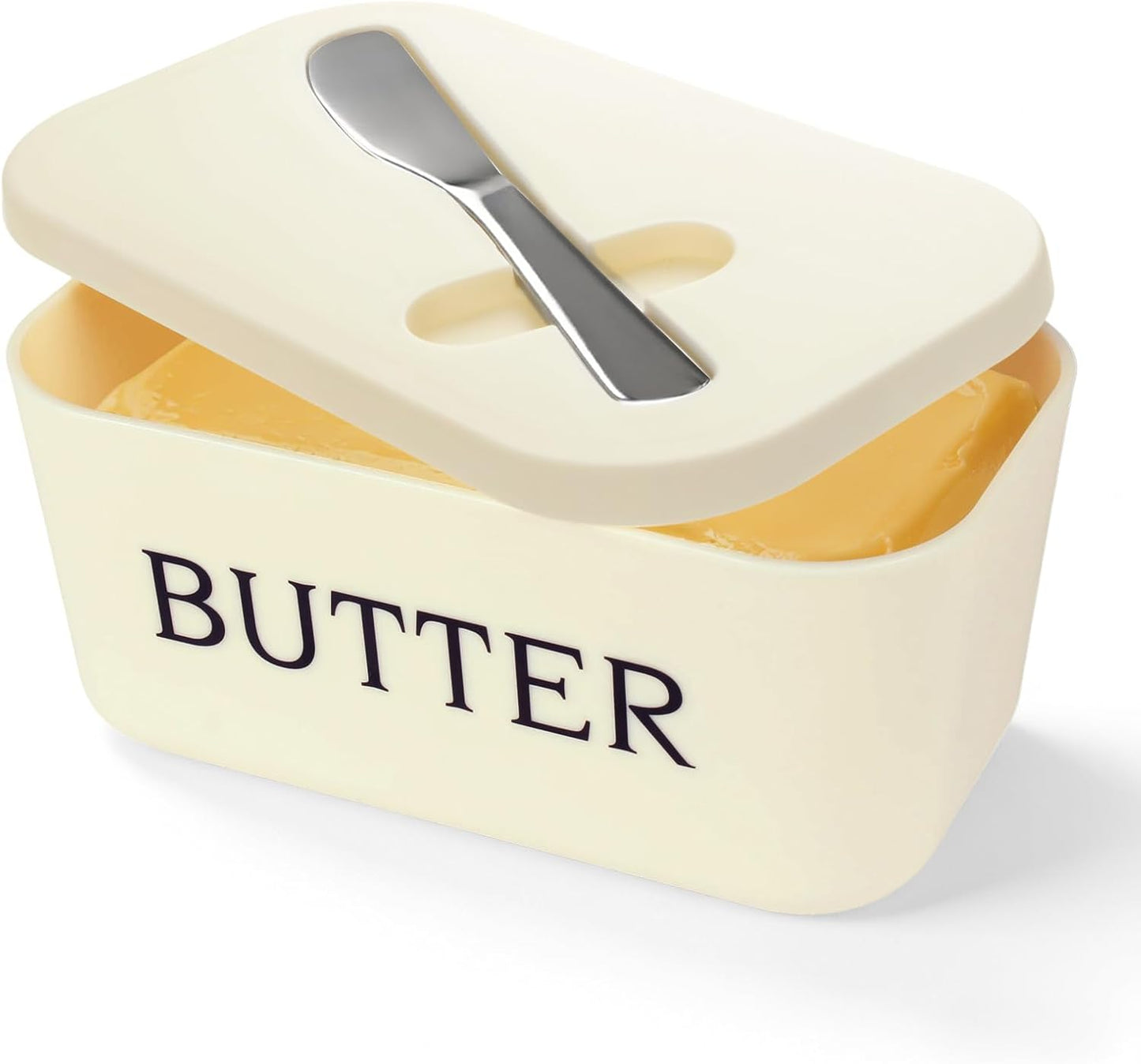 Mantequillera blanca con tapa y cuchillo, recipiente plástico grado alimenticio soporte gran capacidad palos costa