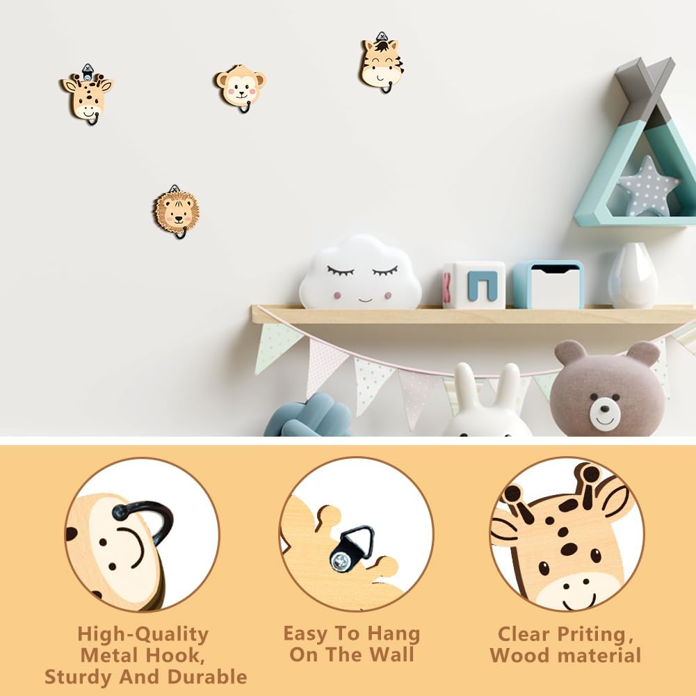 6 Ganchos Madera Animales Selva Decorativos Pared