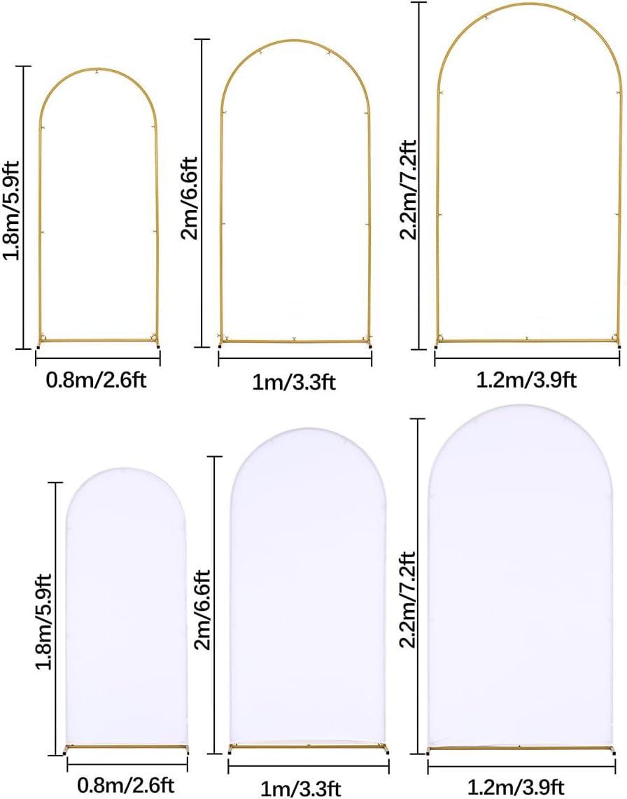 6 Soportes Arco Boda Metal Dorado con Fundas Elastano Blanco