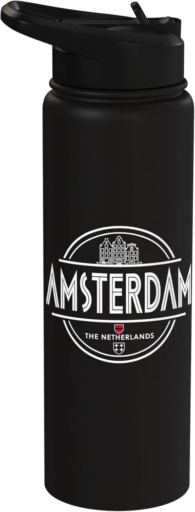 Botella de agua vintage Amsterdam City Travel acero inoxidable aislada