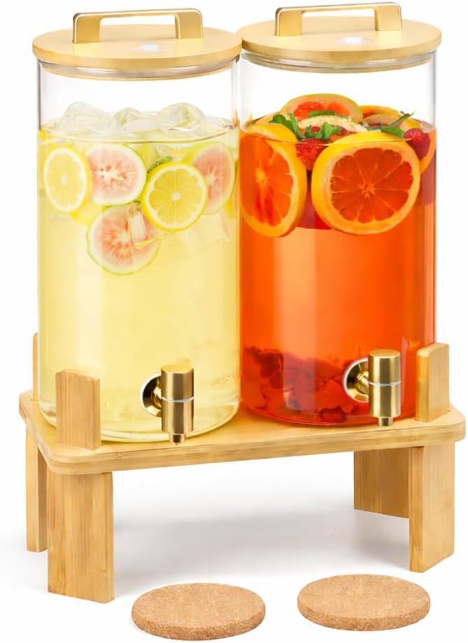 Dispensador de bebidas de vidrio 1.5 galones con soporte de madera