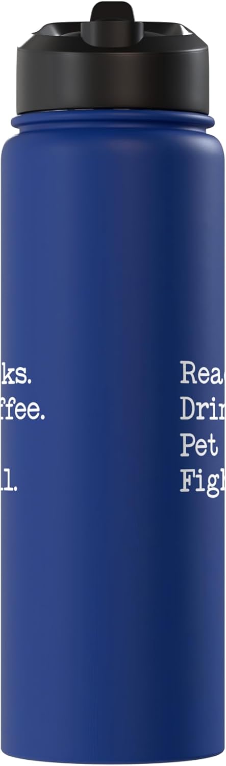 Bote de agua acero inoxidable aislado libros café lucha contra perros