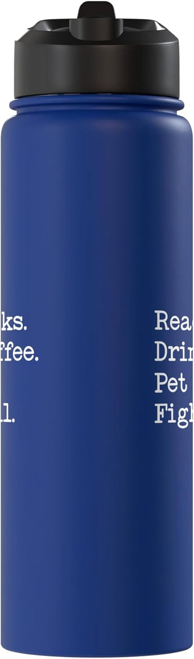 Bote de agua acero inoxidable aislado libros café lucha contra perros