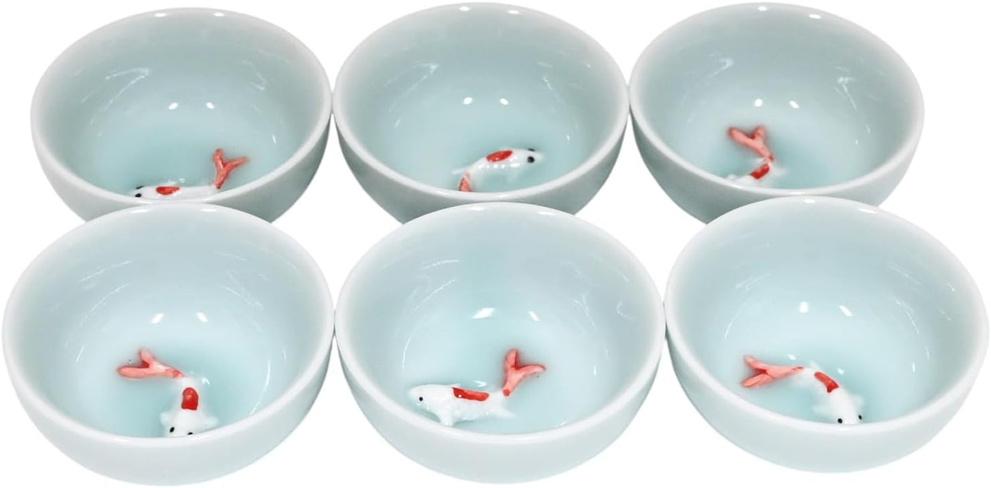 Taza de té de cerámica con diseño pez koi azul cielo juego de 6