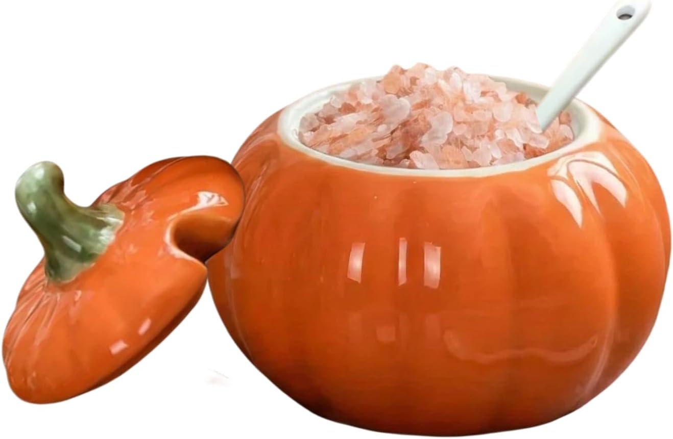 Bodega de sal de cerámica con tapa y cuchara, soporte para encimera naranja