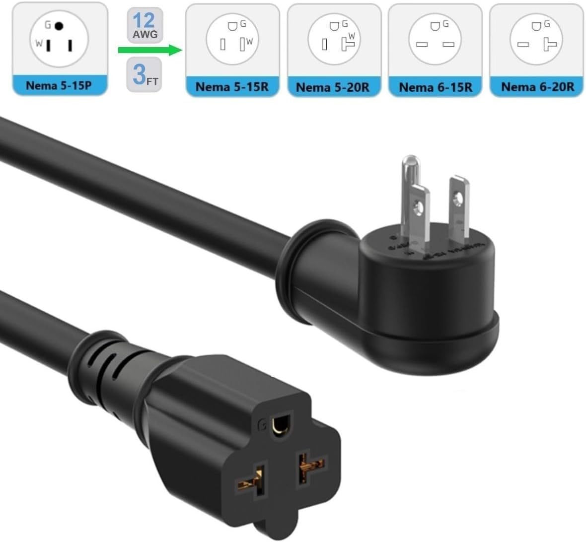 Cable extensión 3 pies 12 AWG 15-20A enchufe 90° adaptador T