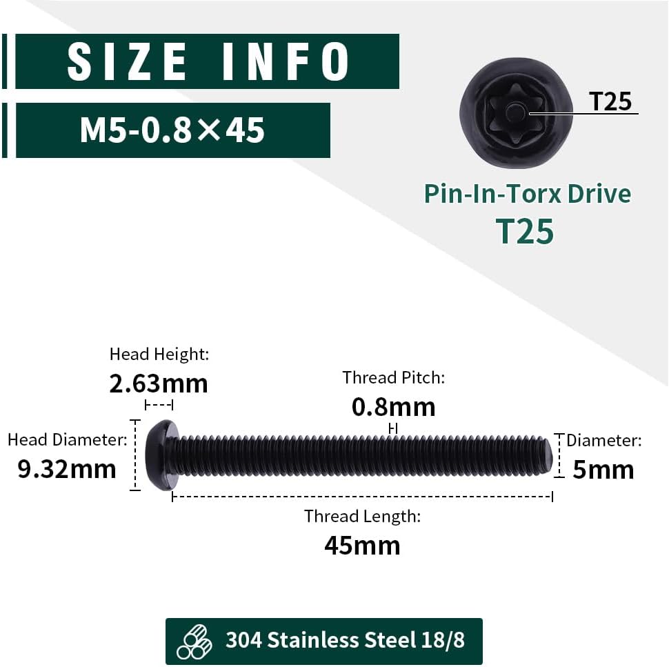 Paquete 30 Tornillos Torx M5-0.8 x 45mm acero inox 304