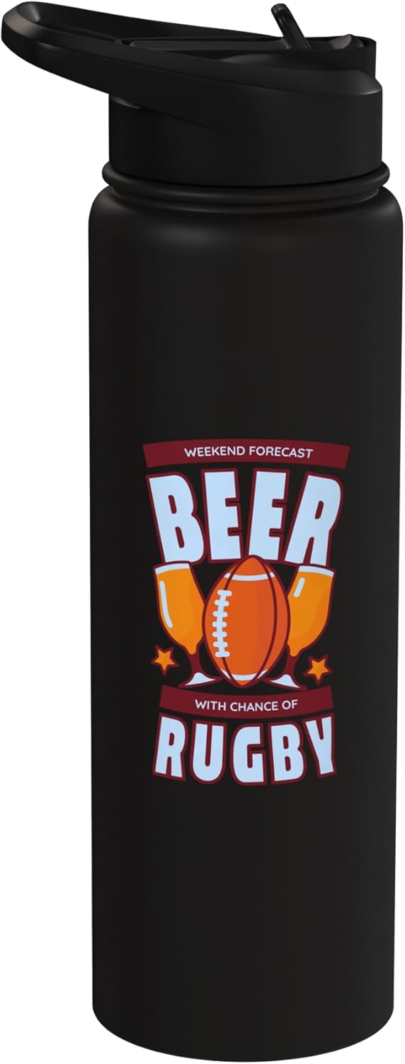 Botella de agua acero inoxidable aislada con chance de rugby