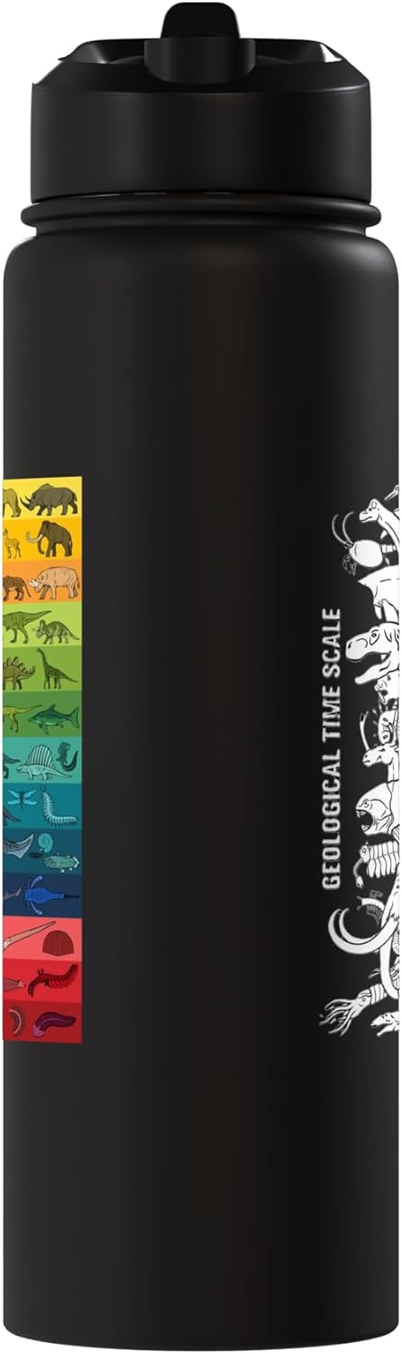 Botella de agua aislada de acero inoxidable con escala geológica y dinosaurio