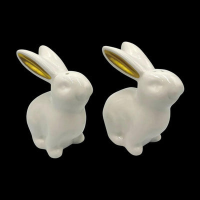 Juego de sal y pimienta de conejo de Pascua cerámica con orejas metálicas doradas