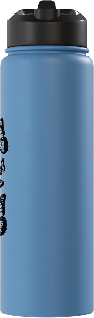 Botella de agua acero inoxidable aislada con mariposas negras y blancas