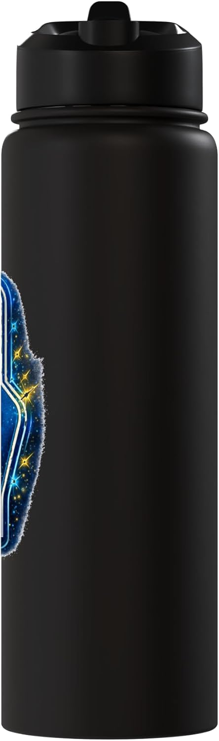 Botella agua acero inox aislada con dedo de espuma
