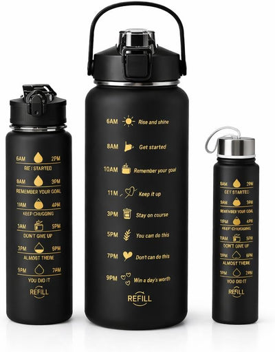 Set botella de agua motivacional con marcas de tiempo 17-64 oz sin BPA negra con detalles dorados