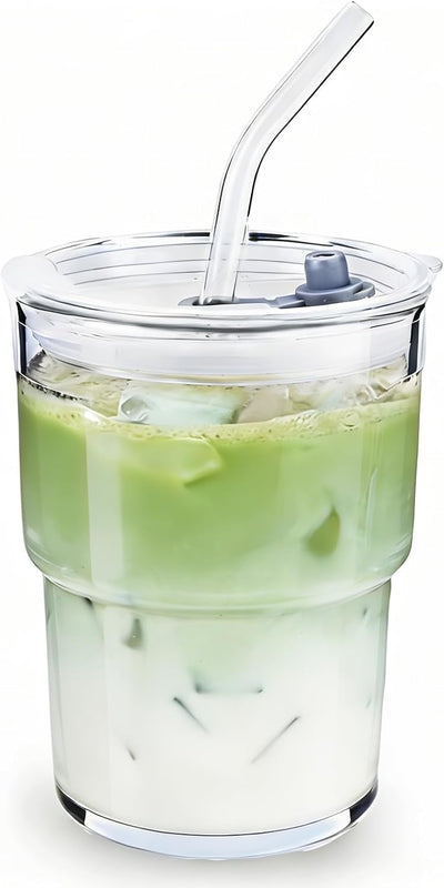 Vasos de vidrio con tapas y popotes para café helado y matcha, 13.5 oz