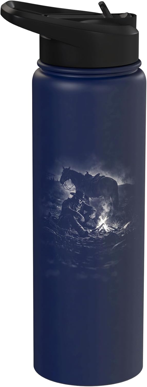 Botella de agua acero inoxidable aislada Lone Cowboy con caballo noche
