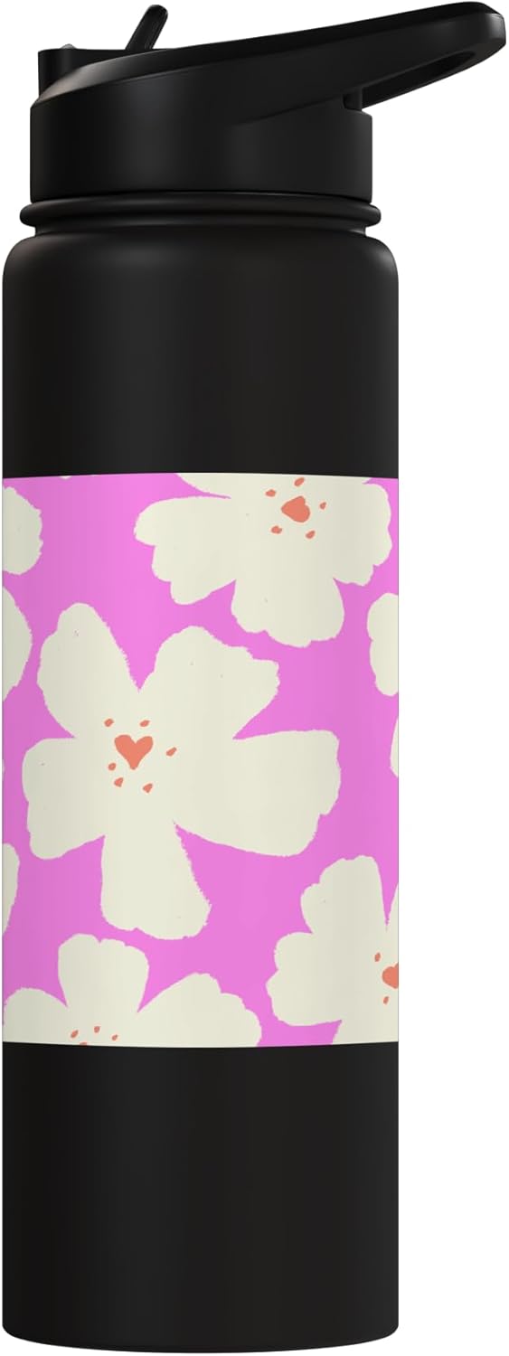 Botella de agua aislada de acero inoxidable con flores de color crema y rosa
