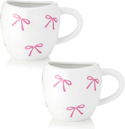 Juego de 2 tazas de cerámica con lazo rosa Cottagecore para latte matcha