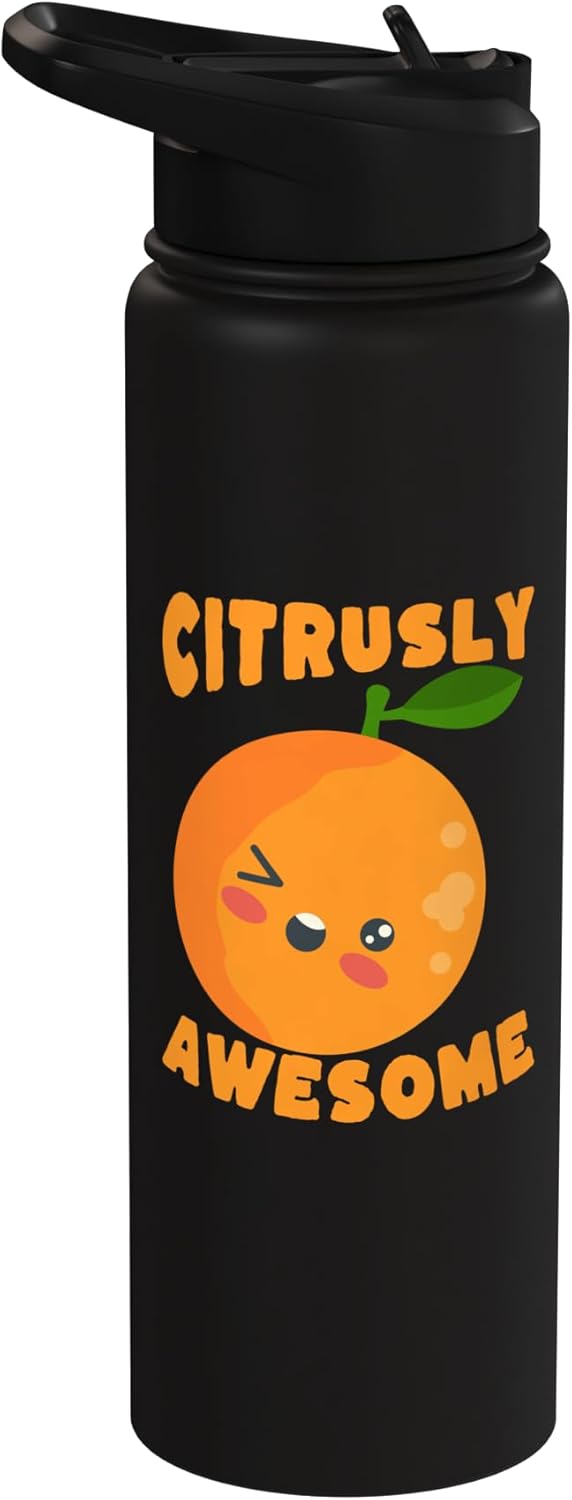 Botella de agua estilizada con fruta naranja acero inoxidable aislada