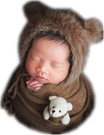 Manta envolvente para bebé con gorro oso y accesorios café