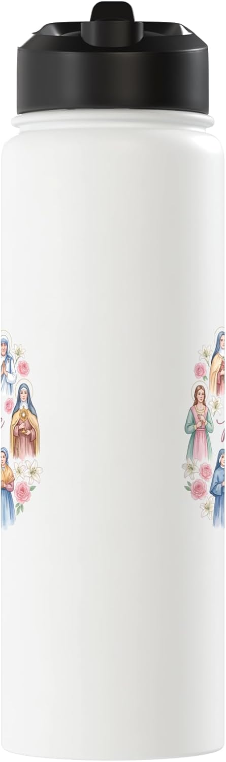 Botella de agua acero inoxidable aislada con flores para mujer santidad católica