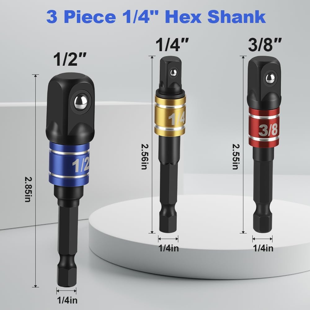 Set 3 Adaptadores Vástago Hex 1/4 Pulg Acero Cromo Vanadio