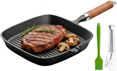 Sartén de hierro fundido para parrilla 9 pulgadas con mango y cepillo