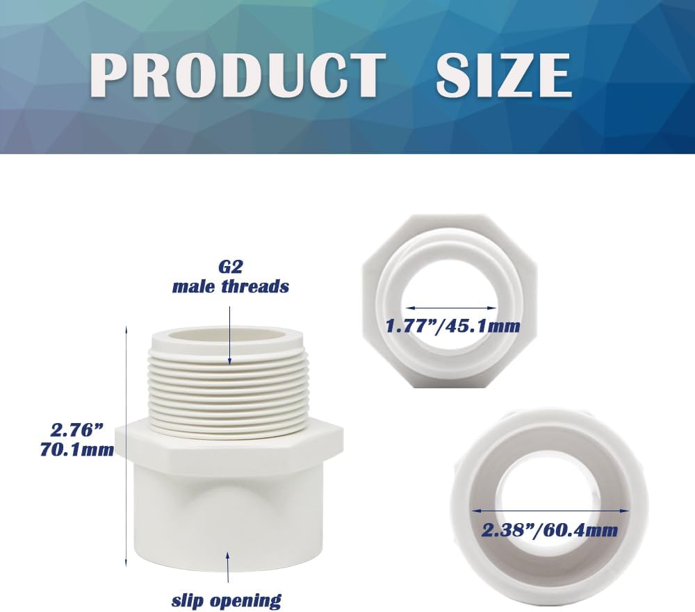 2 Pzas Adaptador PVC 2pulg Rosca Macho Blanco