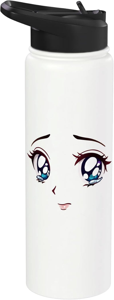 Botella de agua con ojos azules tristes anime manga acero inoxidable